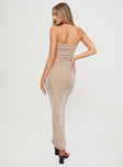 back view of model wearing Princess Polly Samper Strapless Maxi Dress Champagne Straight Neck 