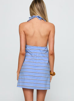 back view of model wearing Princess Polly Rhomie Halter Mini Dress Blue Stripe Plunger 