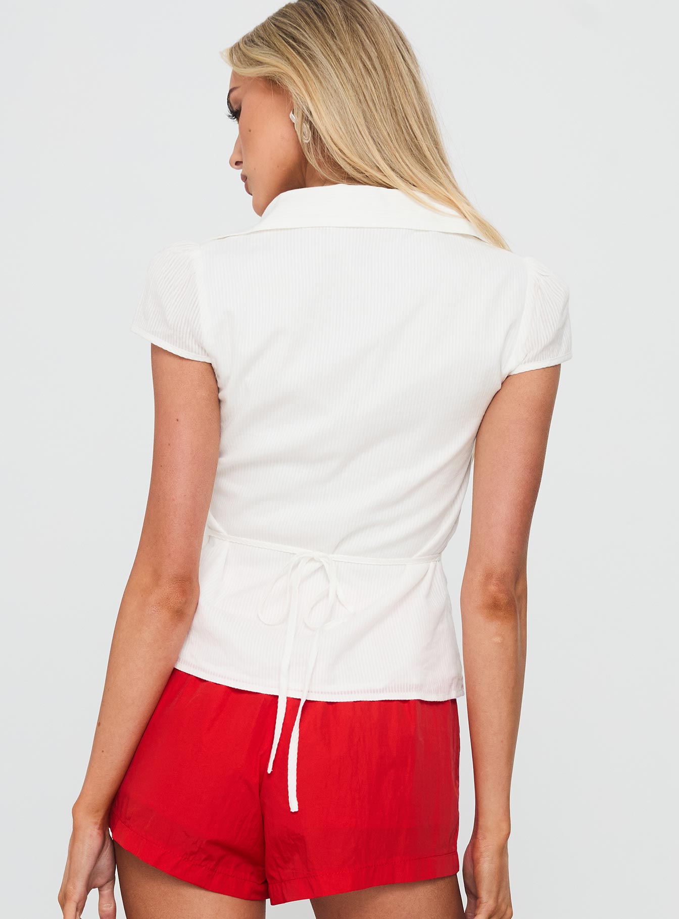 Adulation Ruched Detail Short Sleeve Shirt White