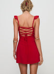 back view of model wearing Princess Polly Landon Mini Dress Red Tall Sweetheart Neckline 