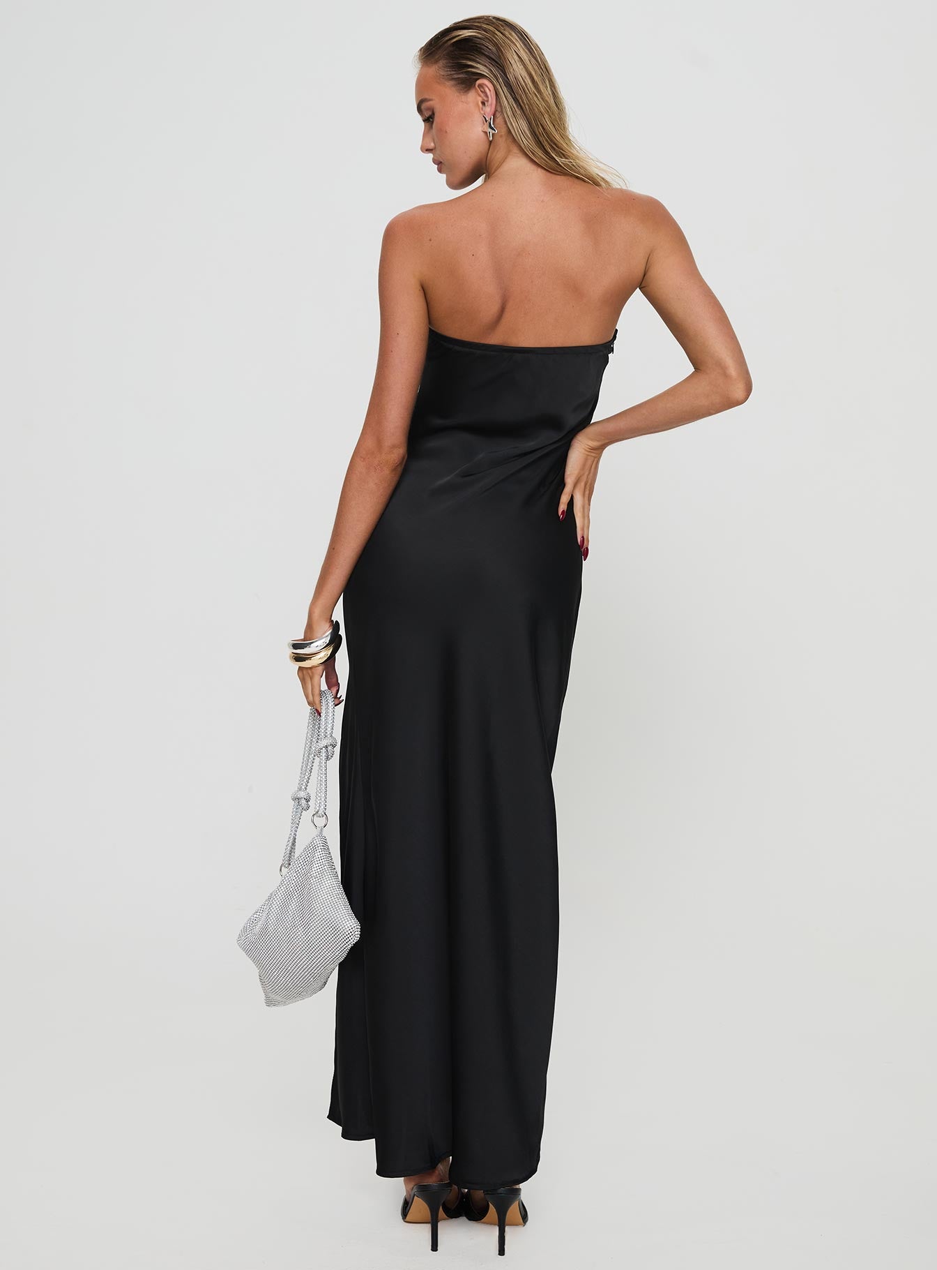 back view of model wearing Princess Polly Marlisa Strapless Maxi Dress Black Straight Neck 