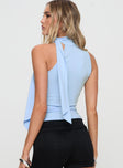 back view of model wearing Princess Polly Mathias Top Blue Sleeveless High Neck 