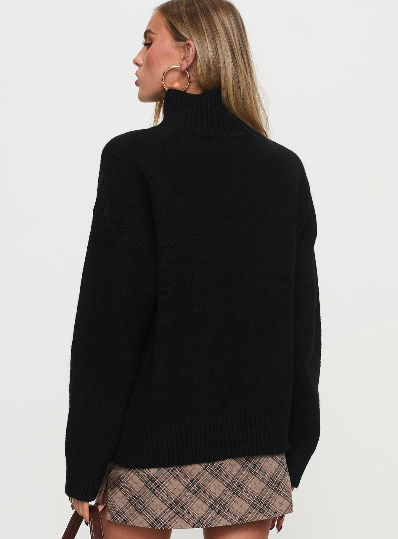 back view of model wearing Princess Polly Shes So Sweet Bow Knit Sweater Black Long 