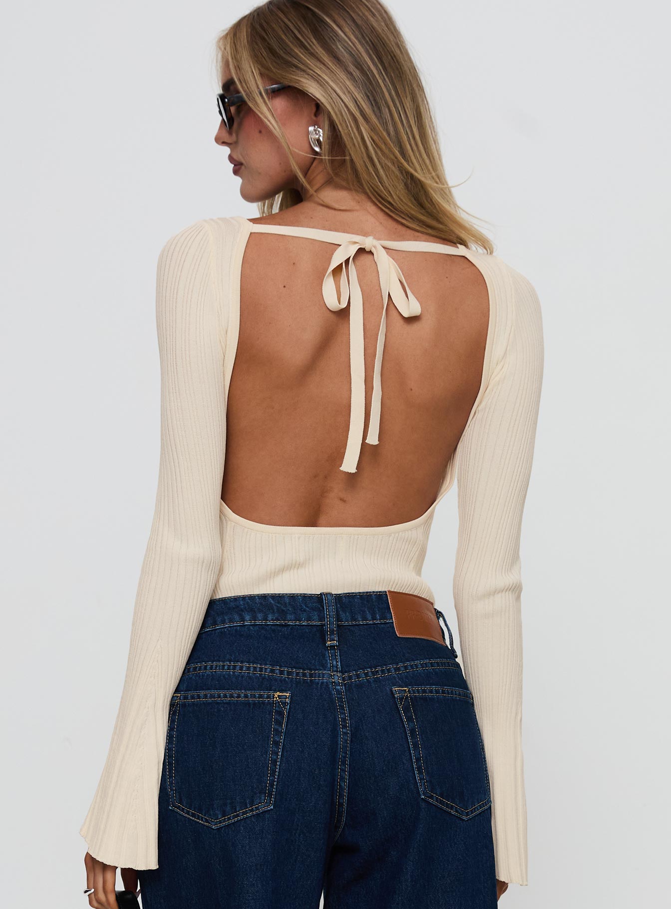 back view of model wearing Princess Polly Mayok Long Sleeve Bodysuit Beige Full Sleeves 