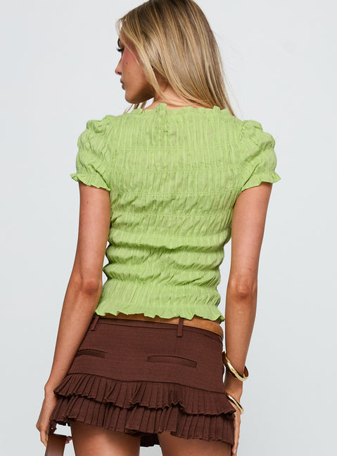 back view of model wearing Princess Polly Romelle Shirred Top Lime Short Sleeves High Neck 