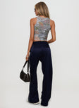 back view of model wearing Princess Polly Travalta Satin Track Pant Navy Low Rise Pants 