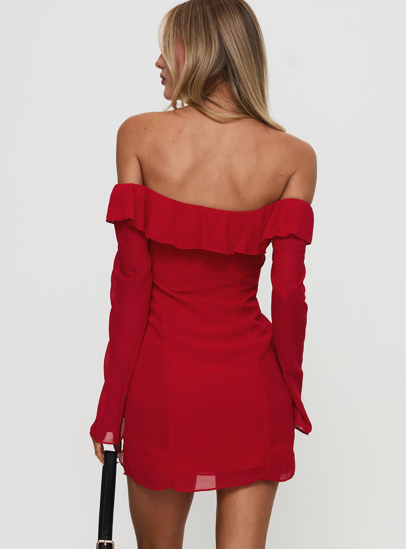 back view of model wearing Princess Polly Mollins Long Sleeve Mini Dress Red Straight Neck 