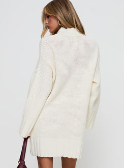 back view of model wearing Princess Polly Tarin Knit Mini Dress Cream High Neck 
