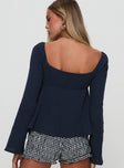 back view of model wearing Princess Polly Khalea Long Sleeve Top Navy Full Sleeves V-Neck 