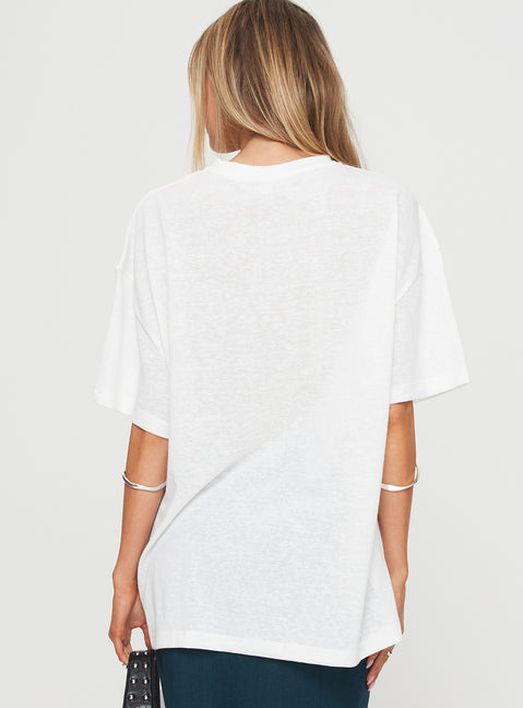 back view of model wearing Princess Polly Cloud Cassette Oversized Tee White Full Sleeves High Neck 