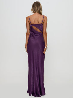back view of model wearing Princess Polly Linger Bias Cut Maxi Dress Purple V-Neck 