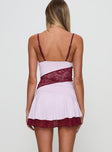 back view of model wearing Princess Polly Love Is Alive Lace Mini Dress Lilac Plunger 