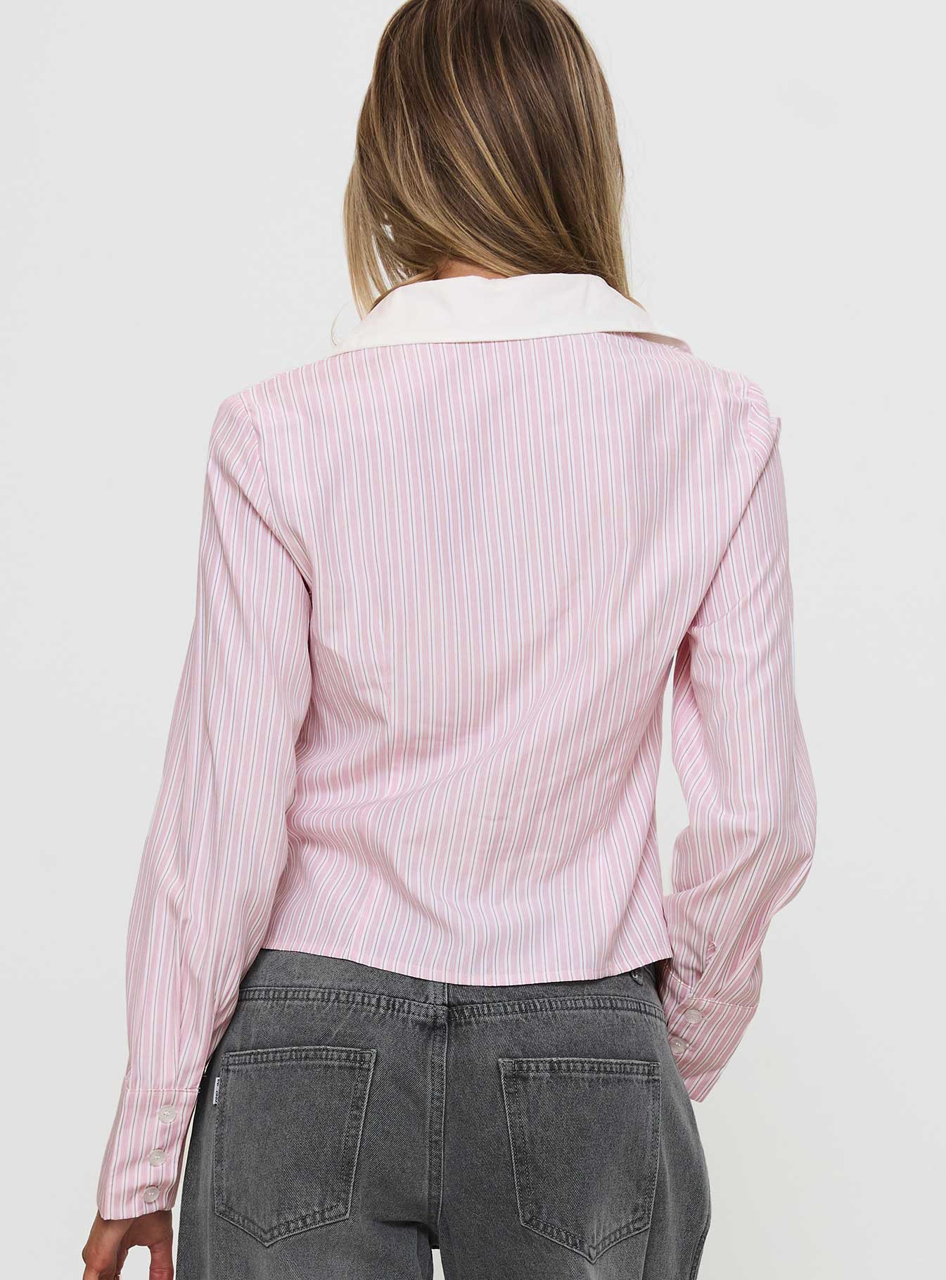 back view of model wearing Princess Polly Lyndel Long Sleeve Top Pink Stripe Full Sleeves V-Neck 