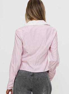back view of model wearing Princess Polly Lyndel Long Sleeve Top Pink Stripe Full Sleeves V-Neck 