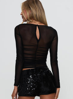 back view of model wearing Princess Polly Nelope Ruched Long Sleeve Top Black Full Sleeves Sweetheart 