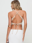 back view of model wearing Princess Polly Hopelessly Devoted Top Beige Sleeveless Plunger 