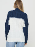 back view of model wearing Princess Polly San Seb Quarter Zip Sweater Navy / Cream regular 