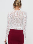 back view of model wearing Princess Polly Honeymoon Lace Top White Full Sleeves V-Neck 