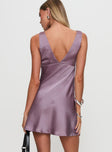 back view of model wearing Princess Polly Kosettina Mini Dress Mauve V-Neck 