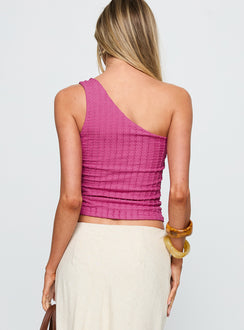 back view of model wearing Princess Polly All Falls Down One Shoulder Top Pink Sleeveless Asymmetric Neckline 