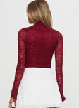 back view of model wearing Princess Polly Twisted Humour Long Sleeve Lace Bodysuit Burgundy Full Sleeves 