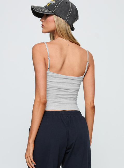 back view of model wearing Princess Polly Race My Mind Top Grey Marle Sleeveless Square Neck 