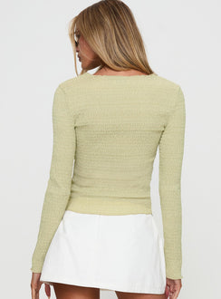 back view of model wearing Princess Polly Murphey Ruched Long Sleeve Top Green Full Sleeves Crew Neck 