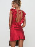 back view of model wearing Princess Polly Butacup Frill Mini Dress Red V-Neck 