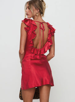 back view of model wearing Princess Polly Butacup Frill Mini Dress Red V-Neck 