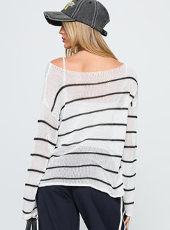 back view of model wearing Princess Polly Alperton Knit Sweater Cream Stripe Long 