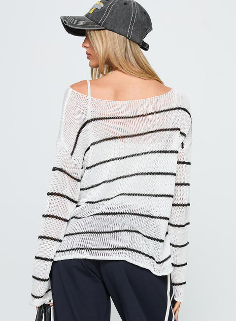 back view of model wearing Princess Polly Alperton Knit Sweater Cream Stripe Long 