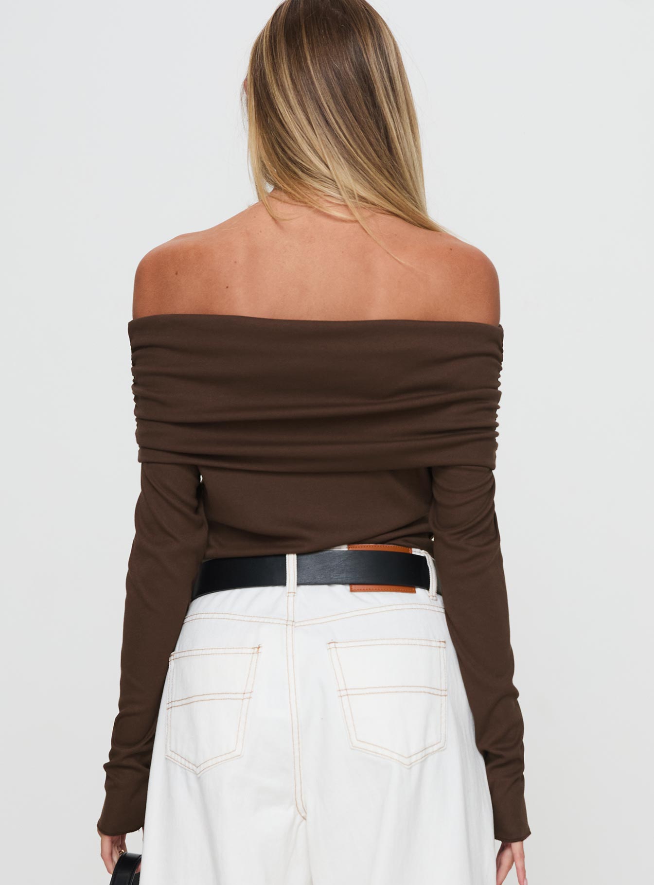 back view of model wearing Princess Polly Spoilt Off The Shoulder Bodysuit Brown Long Sleeve Tops 