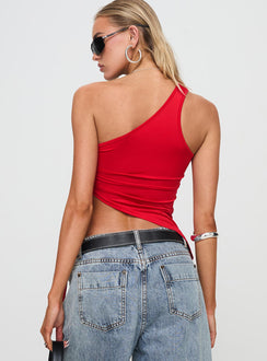 back view of model wearing Princess Polly Servina Top Red Sleeveless Asymmetric Neckline 