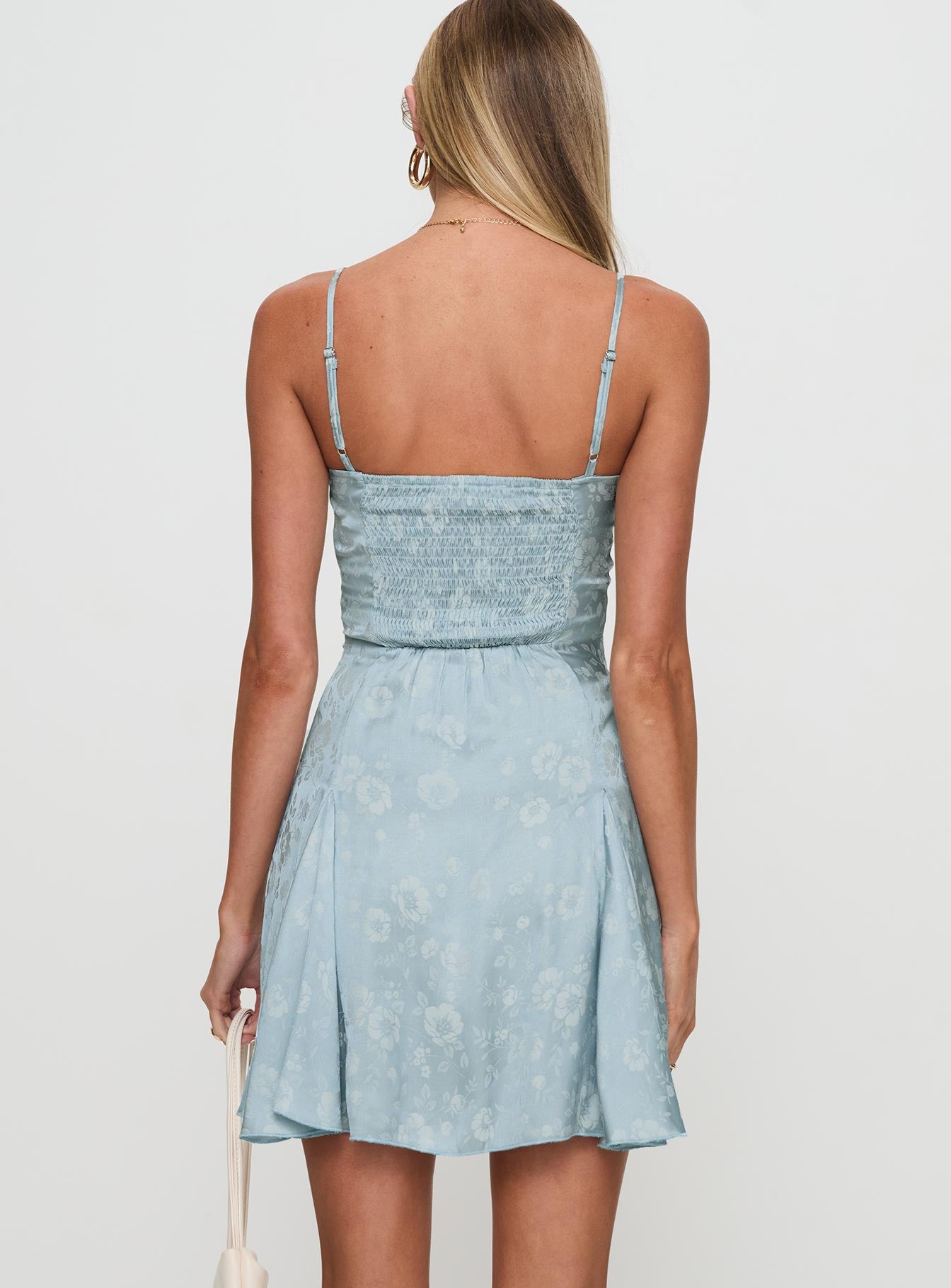 back view of model wearing Princess Polly Bluebird Jacquard Mini Dress Blue Square Neck 