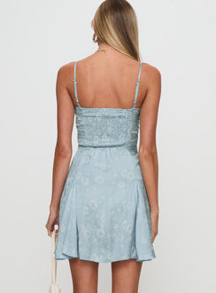 back view of model wearing Princess Polly Bluebird Jacquard Mini Dress Blue Square Neck 