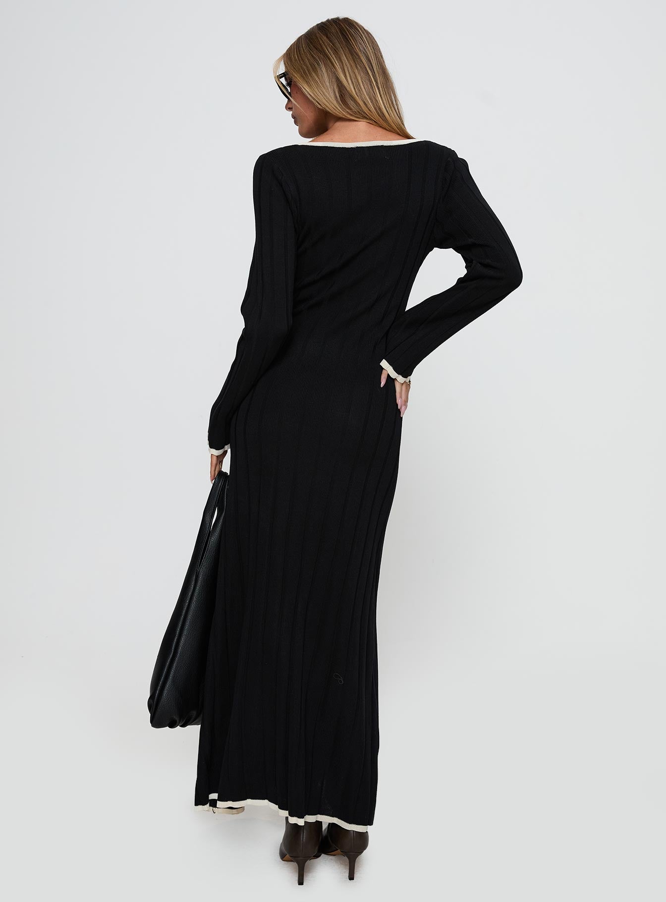 back view of model wearing Princess Polly Claira Long Sleeve Maxi Dress Black Plunger 
