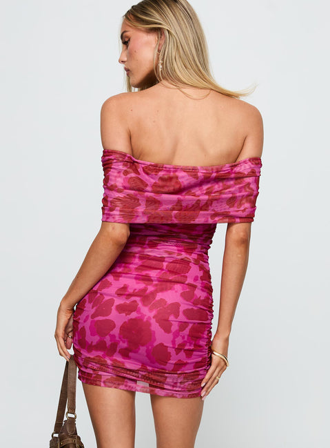back view of model wearing Princess Polly Hotseat Off The Shoulder Mini Dress Pink Straight Neck 
