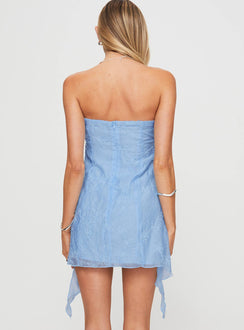 back view of model wearing Princess Polly Tomika Strapless Mini Dress Blue Straight Neck 