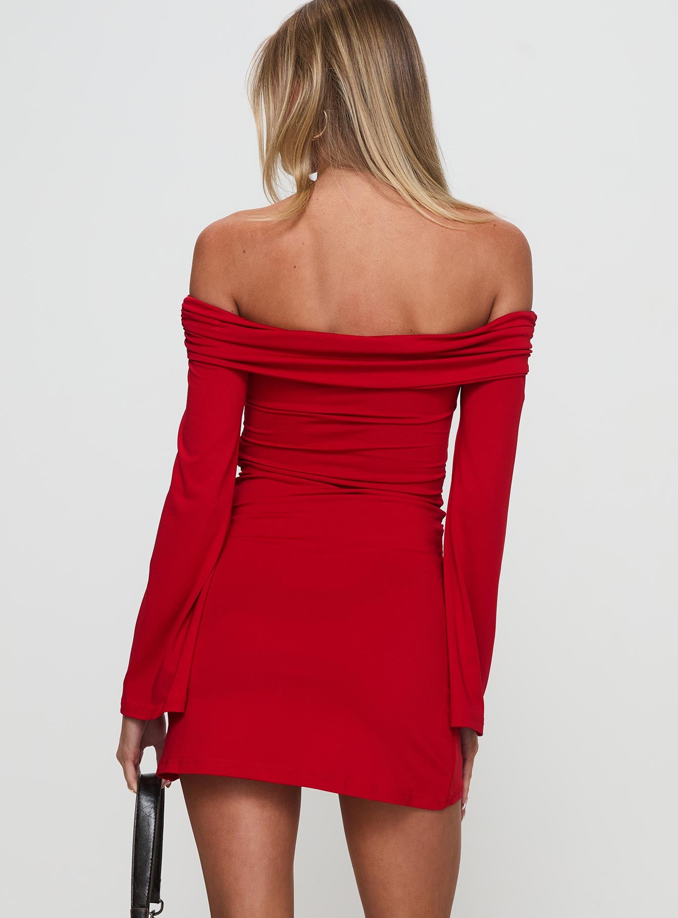 back view of model wearing Princess Polly Vistoria Long Sleeve Mini Dress Red Straight Neck 