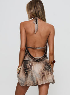 back view of model wearing Princess Polly Bossa Nova Halter Mini Dress Snake Cowl Neck 