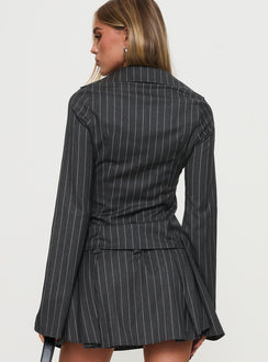 back view of model wearing Princess Polly Saraya Long Sleeve Ring Top Grey Pinstripe Full Sleeves Plunger 
