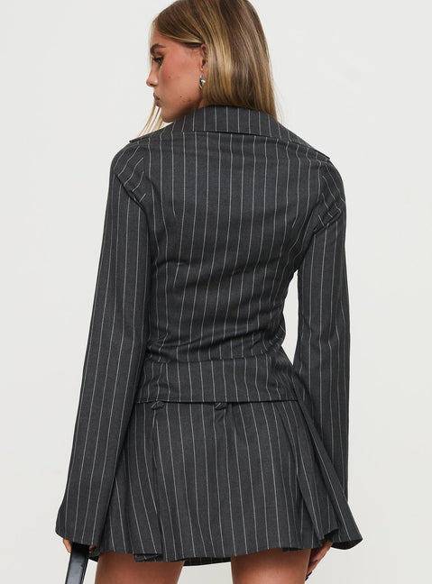 back view of model wearing Princess Polly Saraya Long Sleeve Ring Top Grey Pinstripe Full Sleeves Plunger 