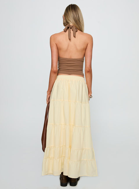 back view of model wearing Princess Polly Garden Party Maxi Skirt Lemon Maxi 