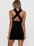 back view of model wearing Princess Polly Alsace Mini Dress Black Velvet Plunger 