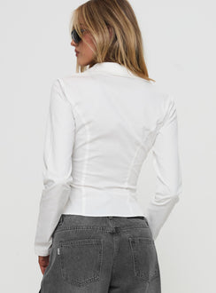 back view of model wearing Princess Polly Stand Up Guy Long Sleeved Ruched Detail Top White Full Sleeves V-Neck 