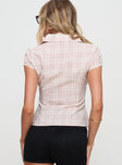 back view of model wearing Princess Polly Cottesloe Blouse Top Pink Check Short Sleeves V-Neck 