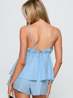 back view of model wearing Princess Polly Abigayle Top Blue Stripe Sleeveless Plunger 