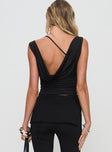 back view of model wearing Princess Polly Passion Cowl Neck Top Black Sleeveless Cowl 