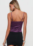 back view of model wearing Princess Polly Marcelline Satin Top Plum Sleeveless Square Neck 