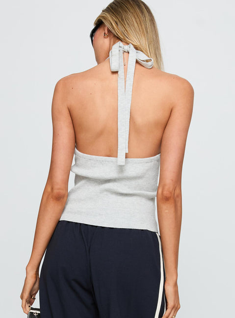 back view of model wearing Princess Polly Suzu Knit Halter Top Grey Sleeveless V-Neck 